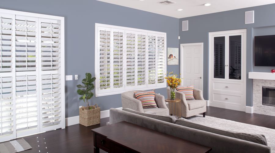 Faux Wood Shutters In blue Indianapolis Living Room